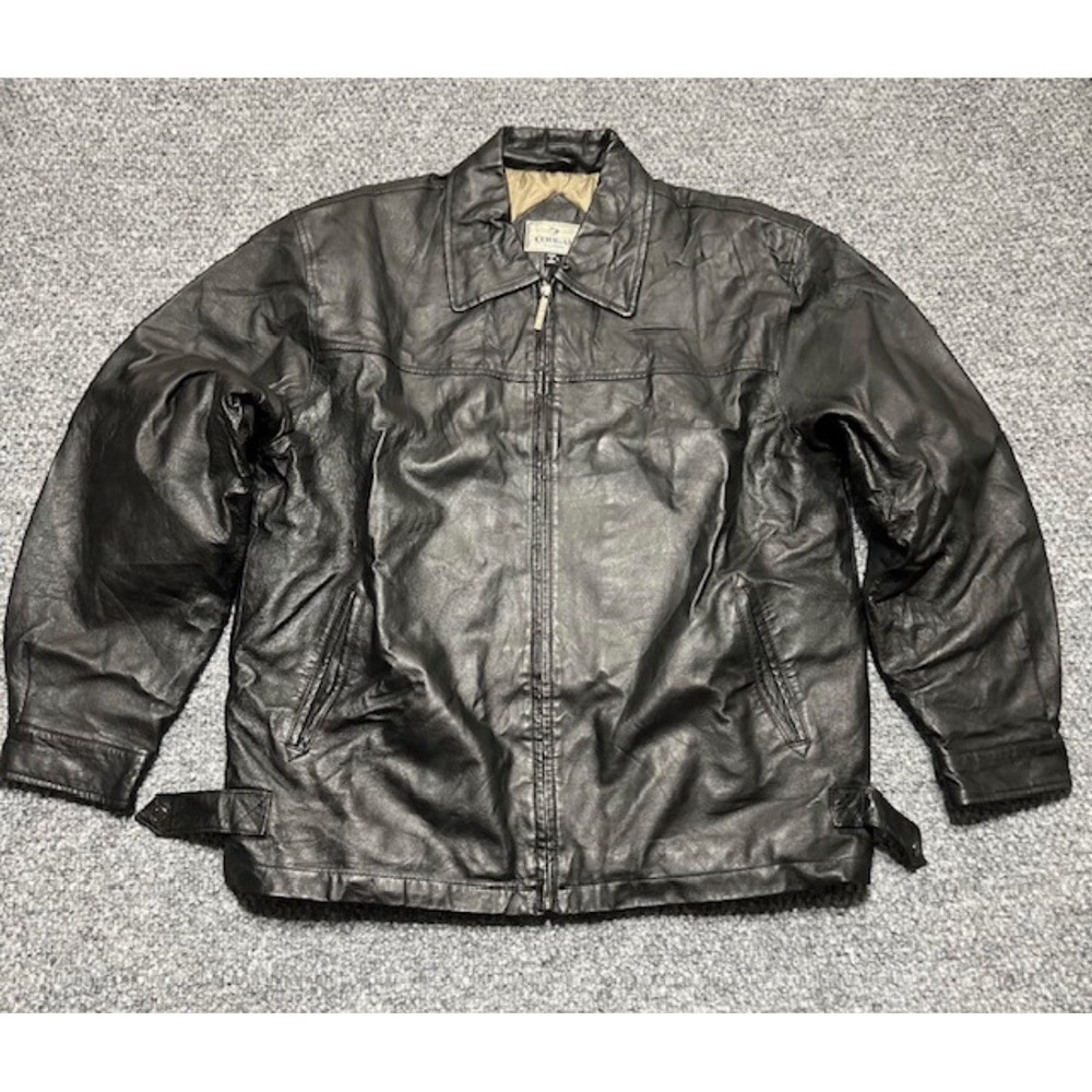 Cougar Leather‎ Black Bomber Jacket Quilted Zip Point Collar Men's Size L Lined